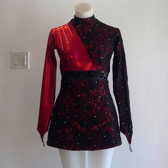 Romantic Gothic Black Lace & Diamond Detailed Deep Red Bodysuit Dress - Picture 1 of 12